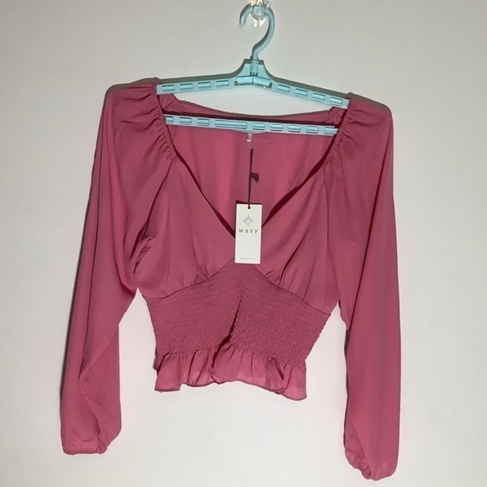NWT WAYF‎ Bubble Gum Pink Long Sleeve Crop Shirt Deep V Neck Size Large